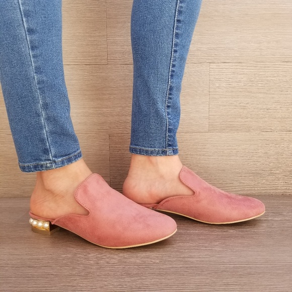 Shoes - Suede Slip On Loafer Mule Pearl Accents on Heel-B